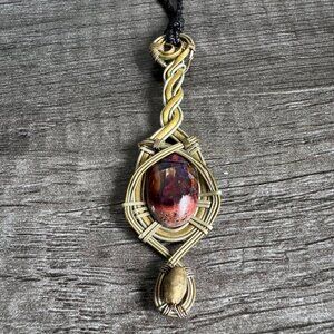 Handmade Fire Opal Pendant Necklace with Real Bronze Wire, Beads & Macrame Cord